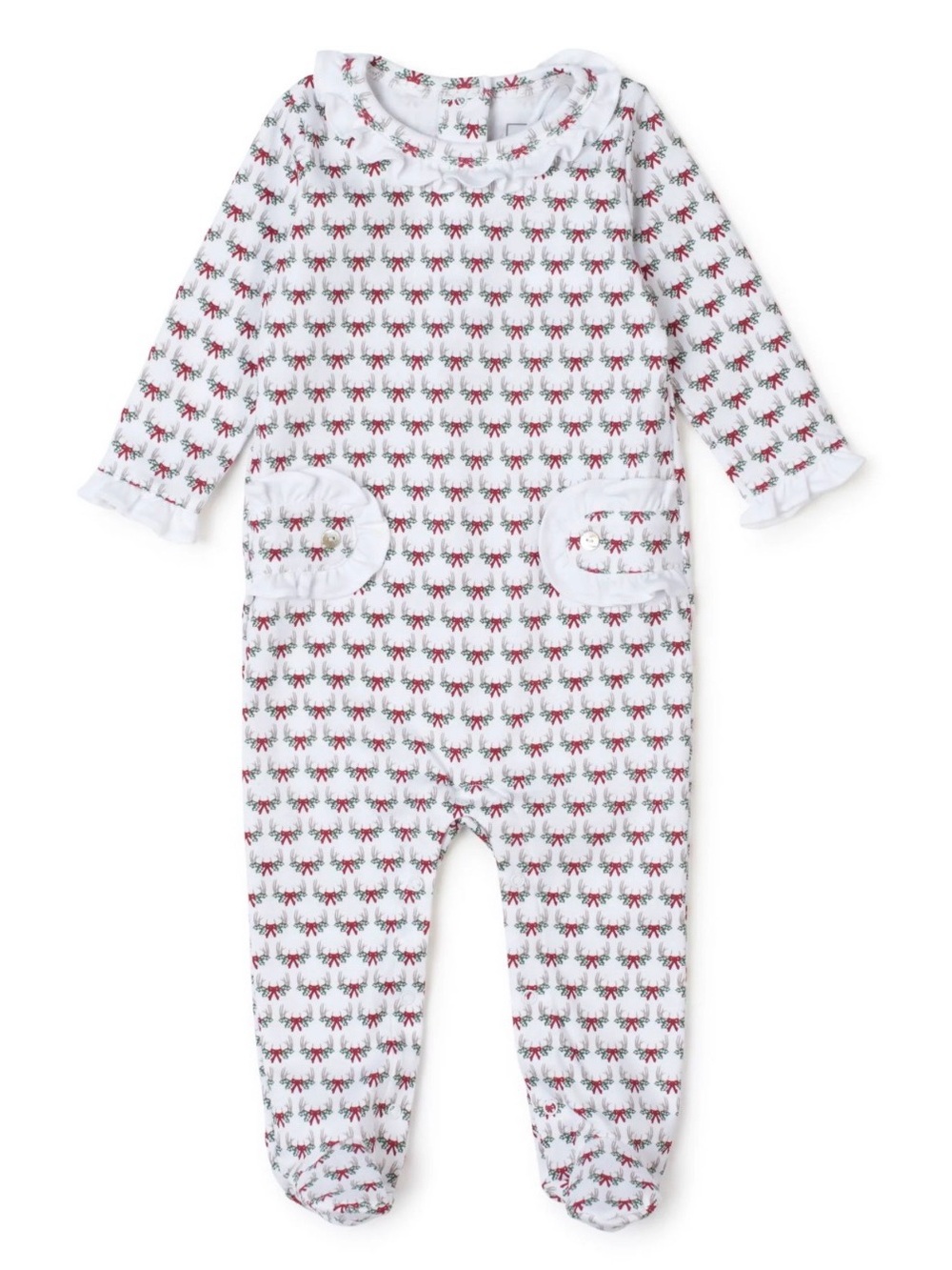 LILA and HAYES Pima Cotton Lucy Romper in Christmas Antler Bows- 0-3M